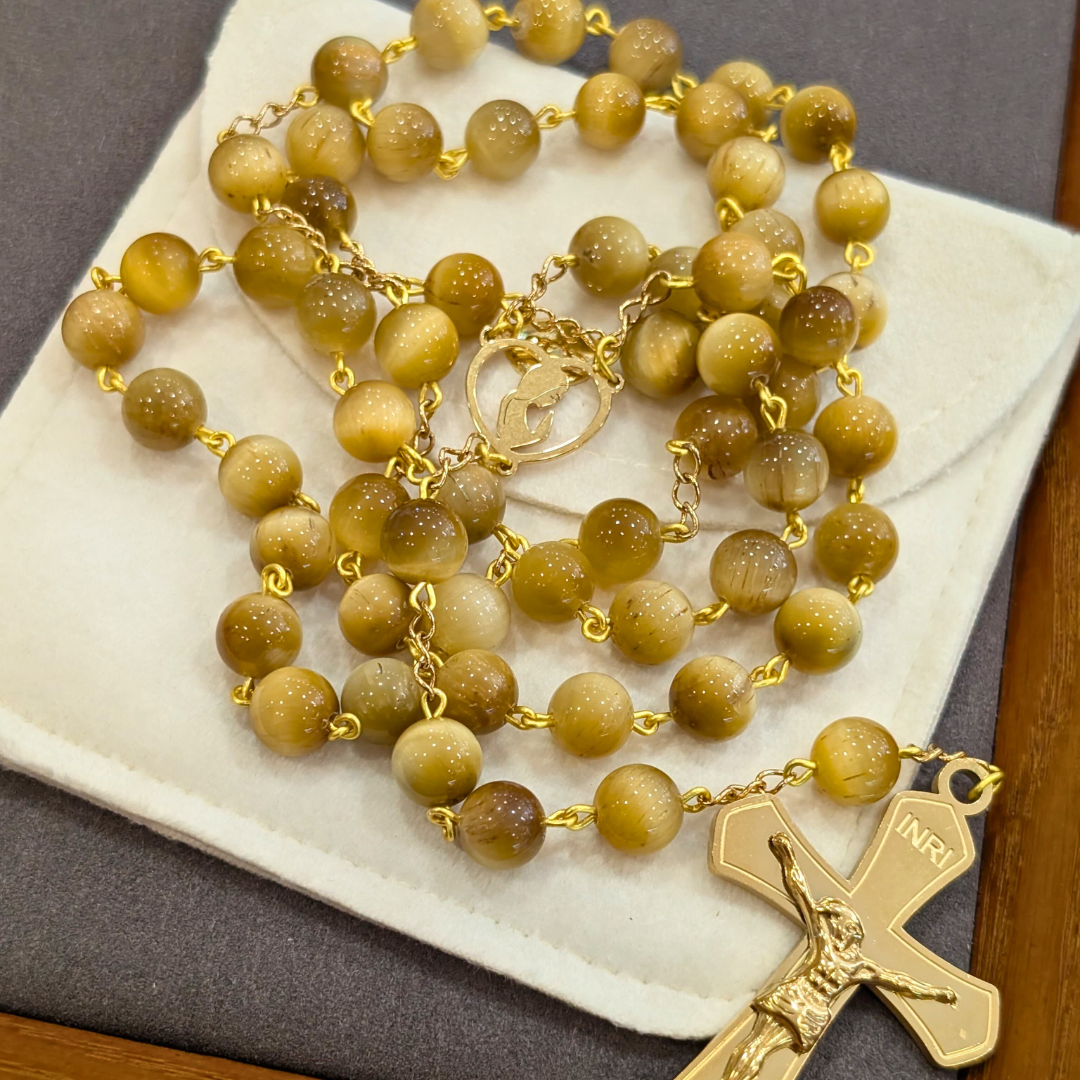 Natural Golden Tiger Eye Stone Rosary with Traditional Gold-Toned Crucifix