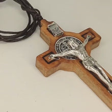 Load and play video in Gallery viewer, Saint Benedict Wood Cross Necklace