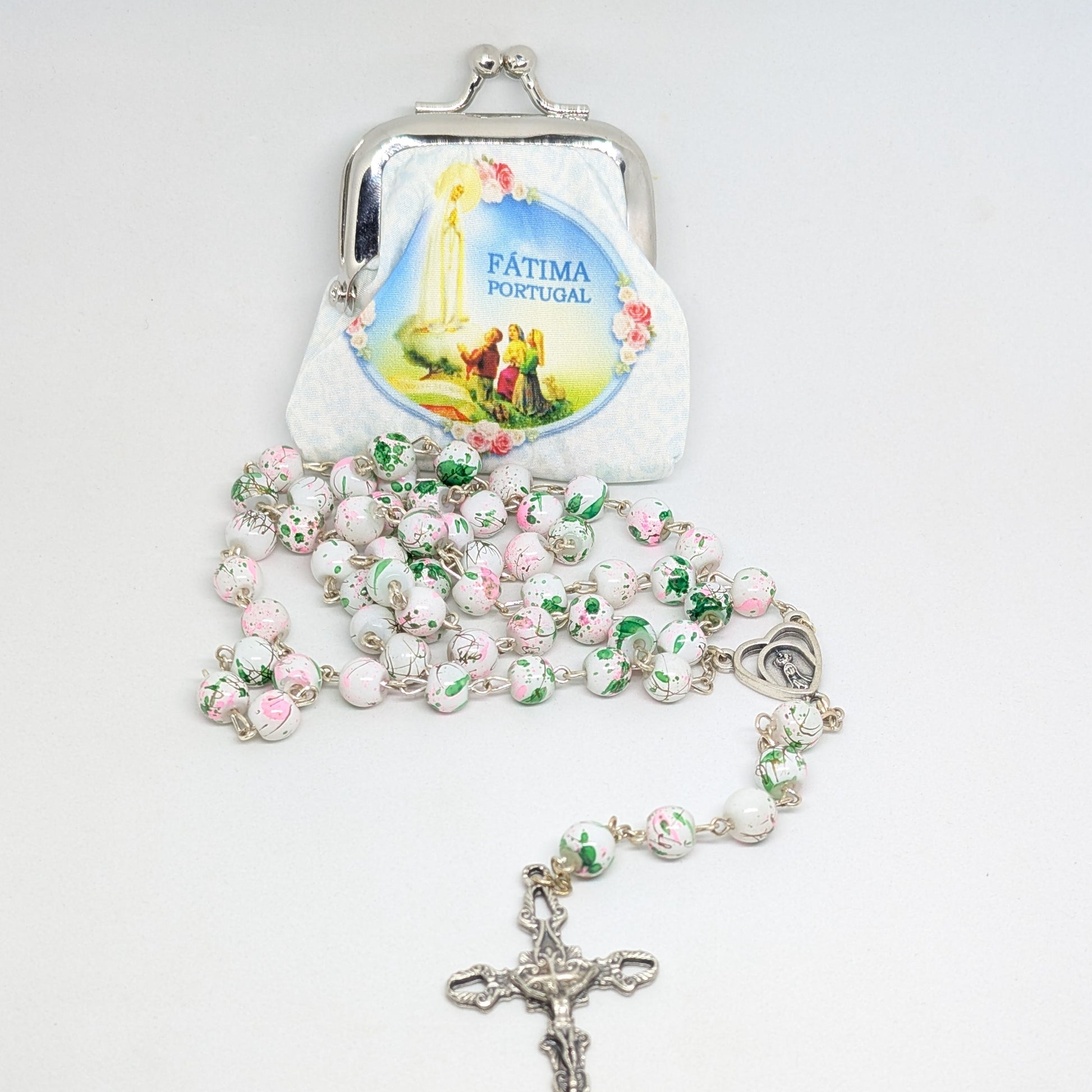 Pink and green Marble-Effect Crystal Rosary with Heart Centerpiece and white Pouch