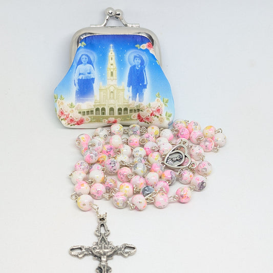 Rosario de Cristal con Efecto Mármol Rosa y Morado, Centro de Corazón y Bolsa