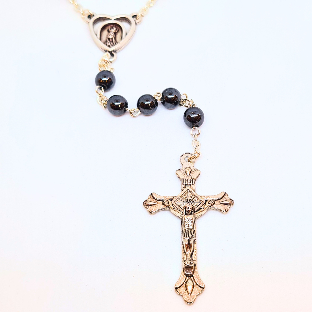 Genuine Hematite Stone Rosary with Heart Centerpiece