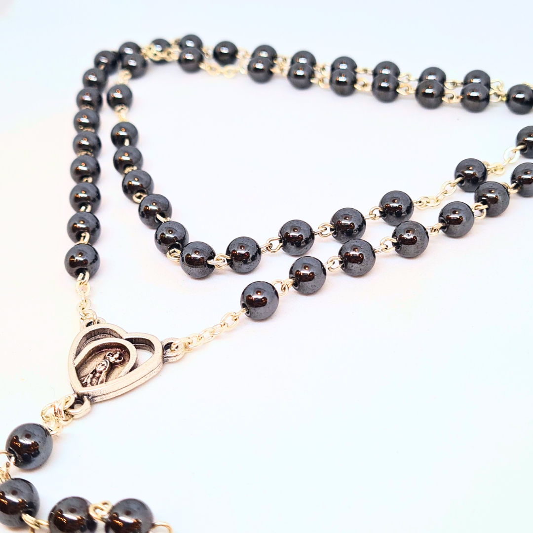 Genuine Hematite Stone Rosary with Heart Centerpiece