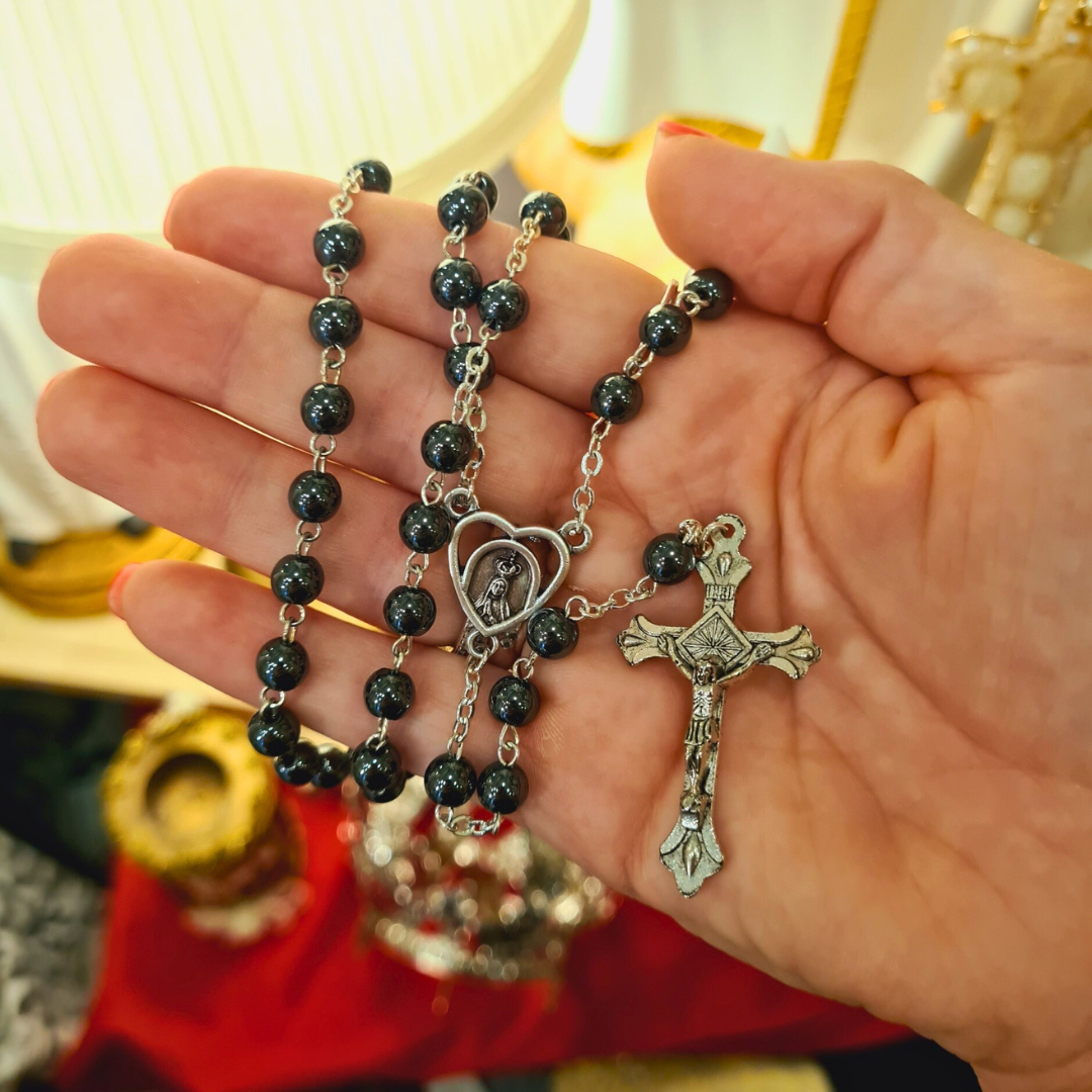 Genuine Hematite Stone Rosary with Heart Centerpiece