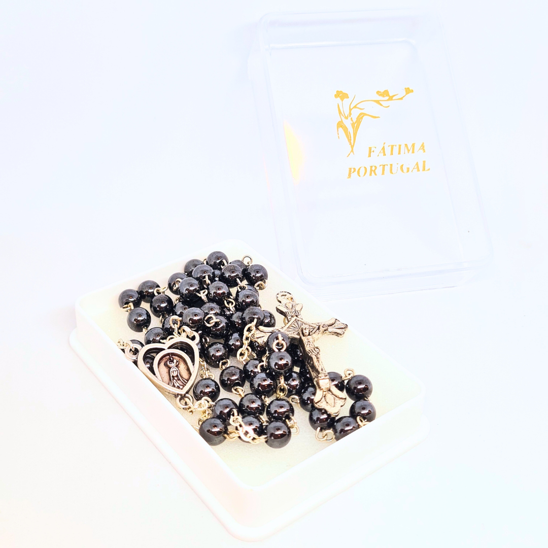 Genuine Hematite Stone Rosary with Heart Centerpiece