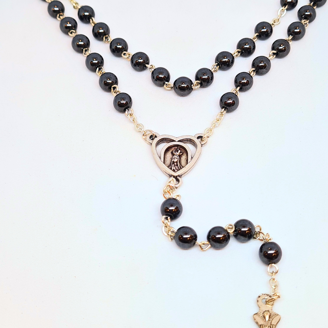 Genuine Hematite Stone Rosary with Heart Centerpiece