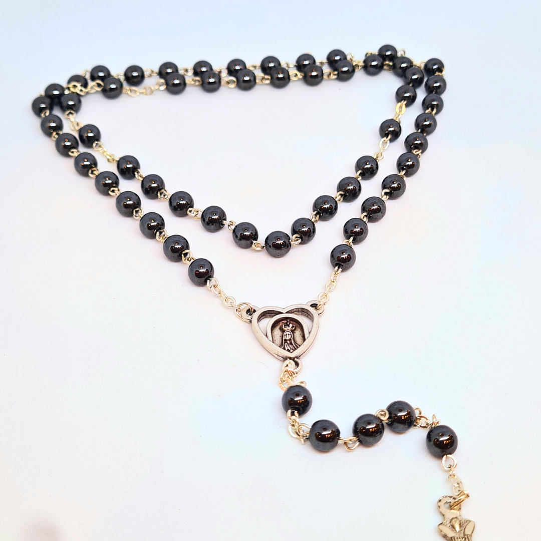 Genuine Hematite Stone Rosary with Heart Centerpiece