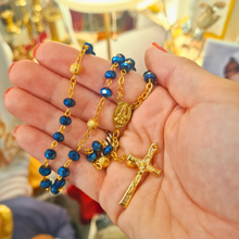 Cargar imagen en el visor de la galería, Golden Blue Crystal Rosary with Fatima Apparitions
