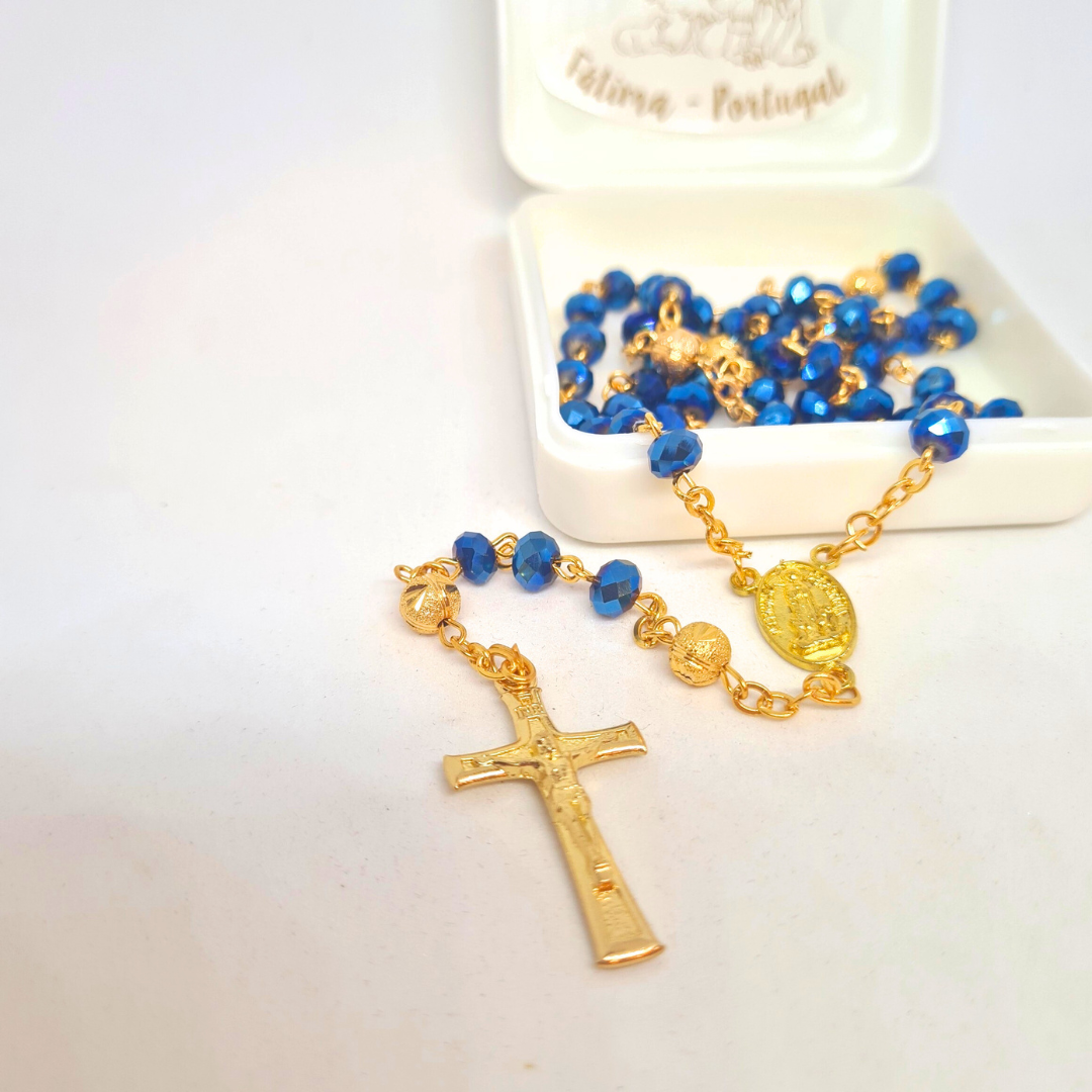 Golden Blue Crystal Rosary with Fatima Apparitions