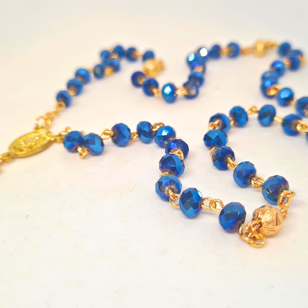 Golden Blue Crystal Rosary with Fatima Apparitions