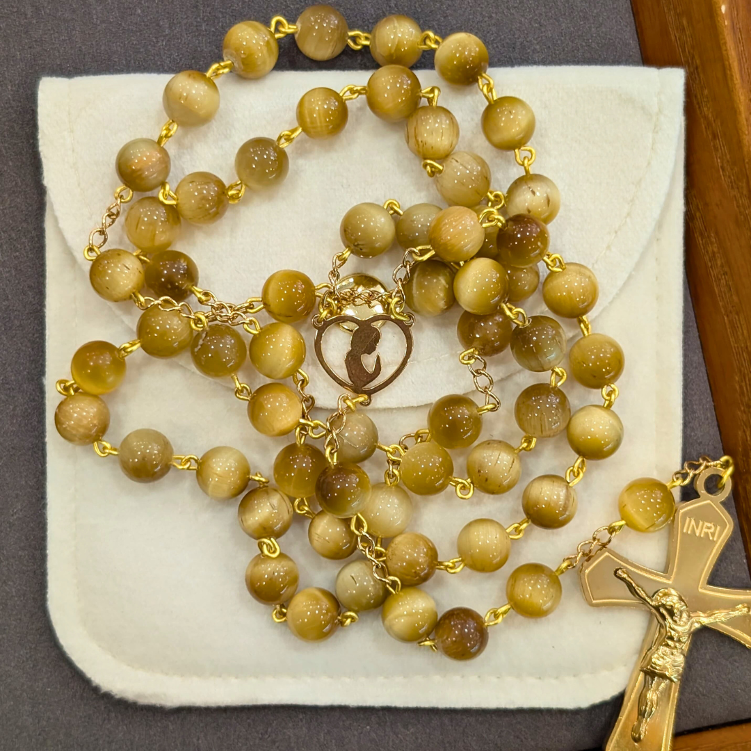 Natural Golden Tiger Eye Stone Rosary with Traditional Gold-Toned Crucifix
