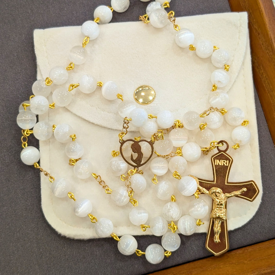 Natural White Selenite Stone Rosary with Gold-Toned Crucifix