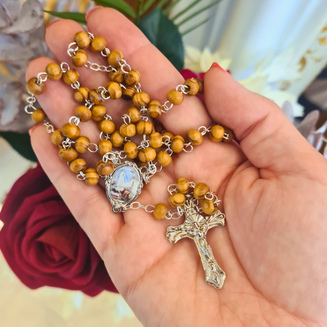 Olive Wood Rosary in Fatima Apparitions Wooden Keepsake Box