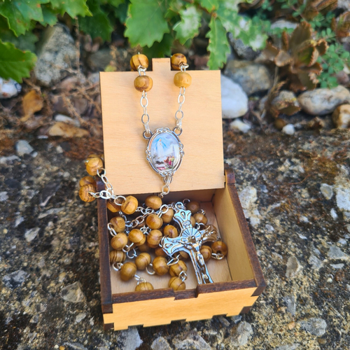 Olive Wood Rosary in Fatima Apparitions Wooden Keepsake Box