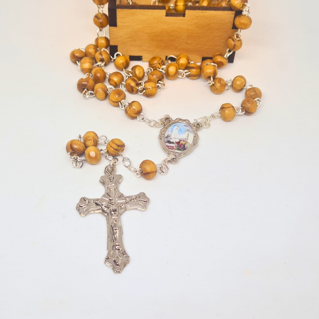 Olive Wood Rosary in Fatima Apparitions Wooden Keepsake Box