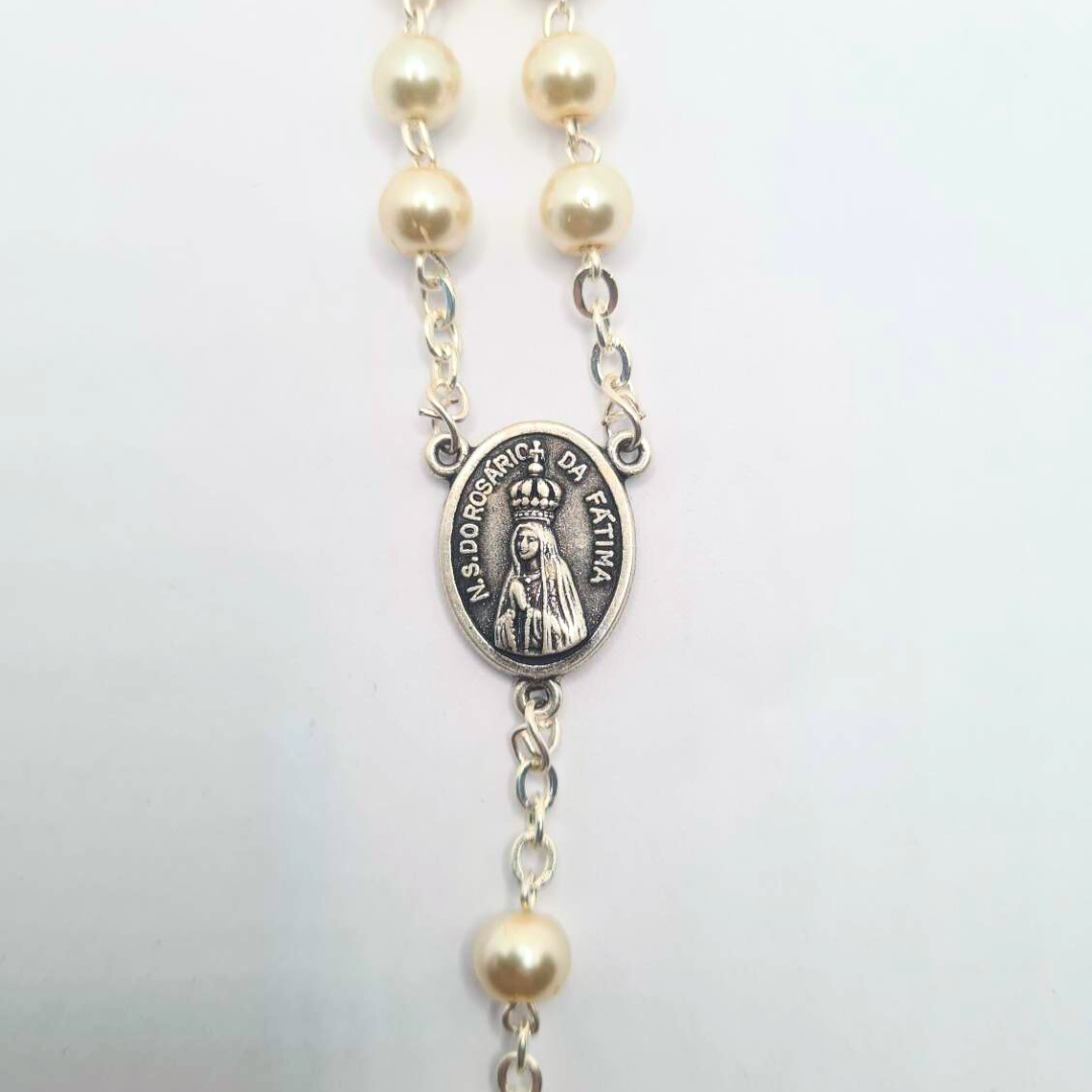 Pearl Rosary with Apparitions of Our Lady of Fatima Medals and Terra of Fatima