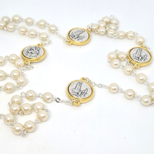 Load image into Gallery viewer, Pearl Rosary with Saint Christopher and Fatima Medals

