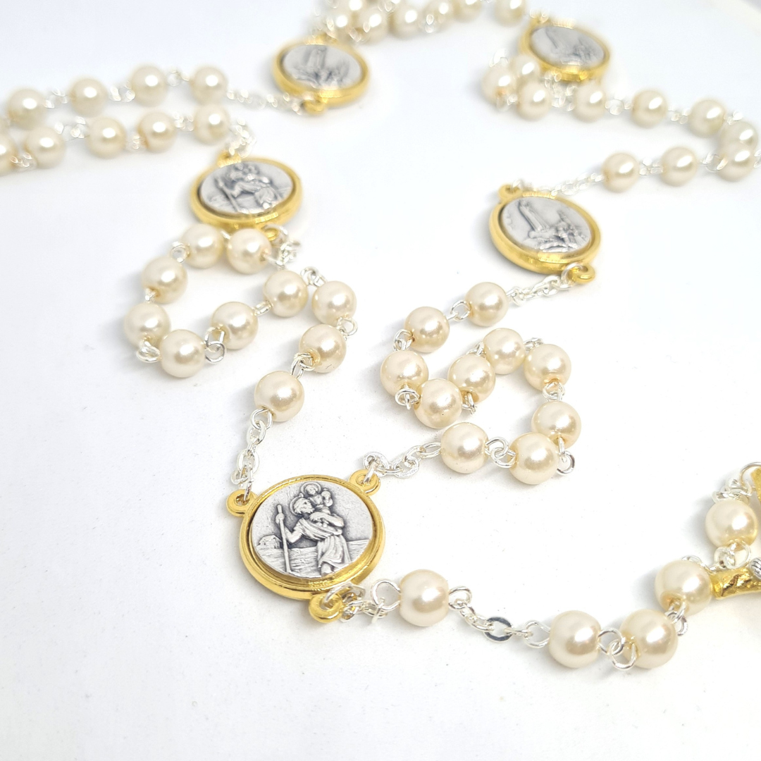 Pearl Rosary with Saint Christopher and Fatima Medals