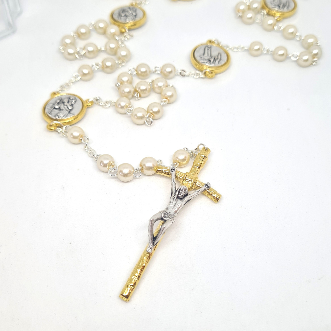 Pearl Rosary with Saint Christopher and Fatima Medals