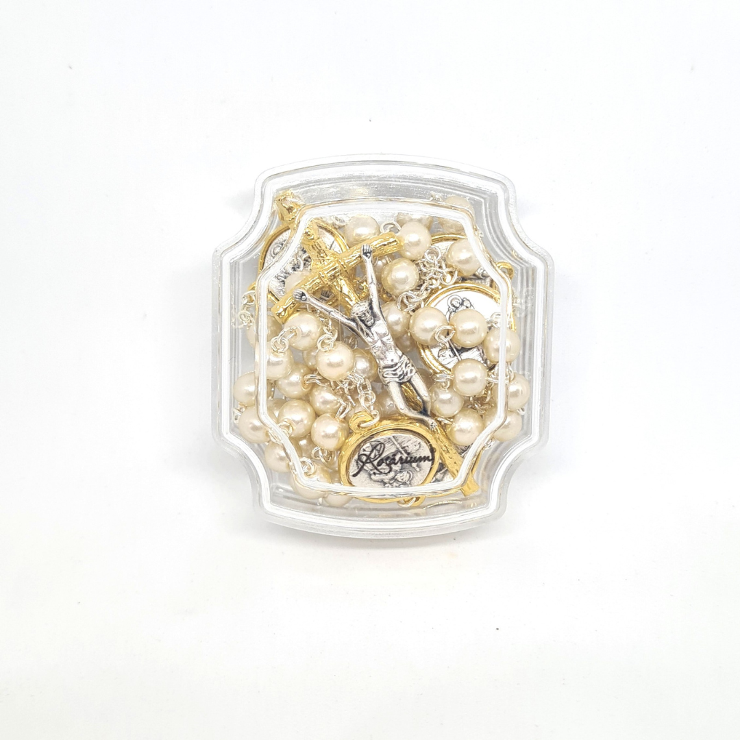 Pearl Rosary with Saint Christopher and Fatima Medals
