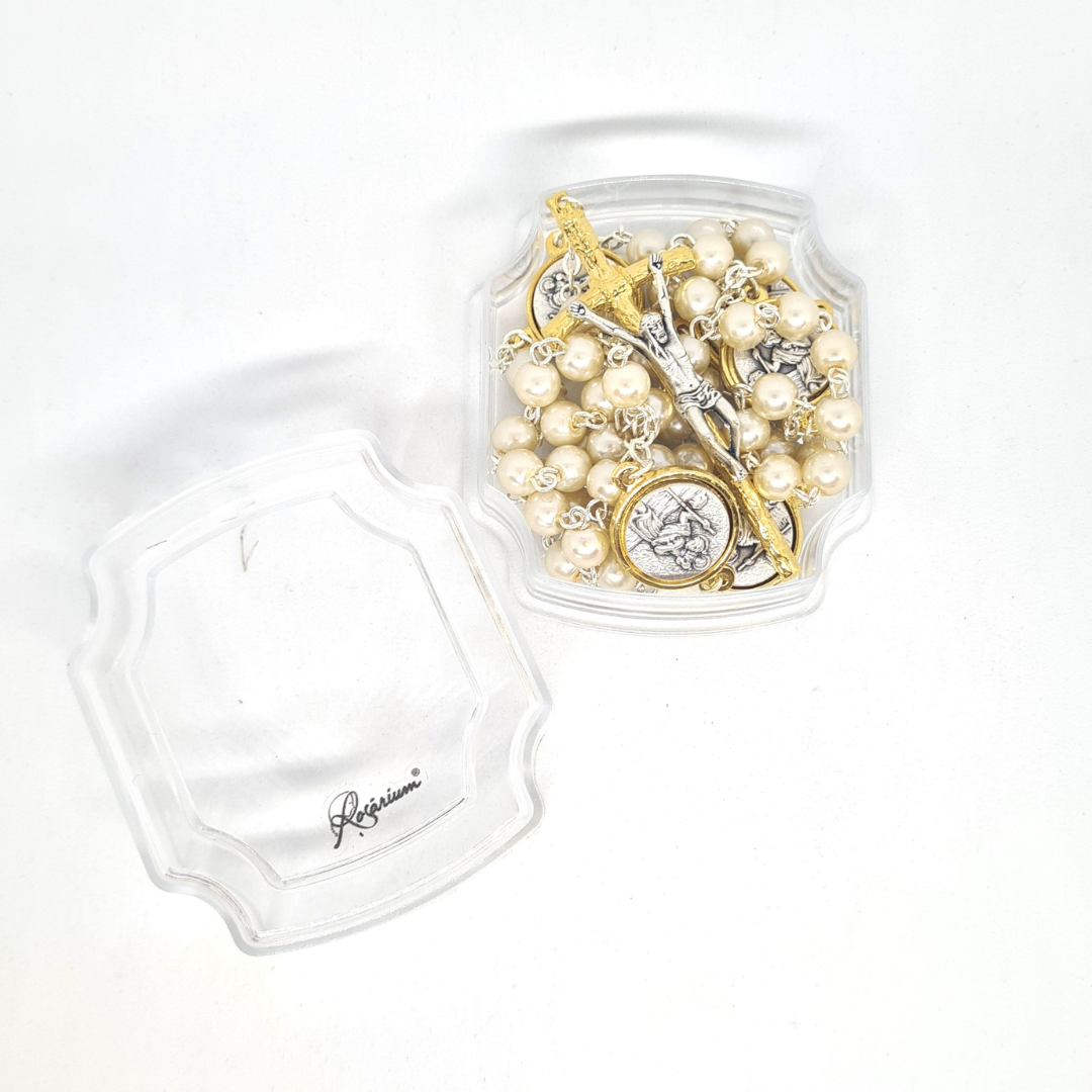 Pearl Rosary with Saint Christopher and Fatima Medals