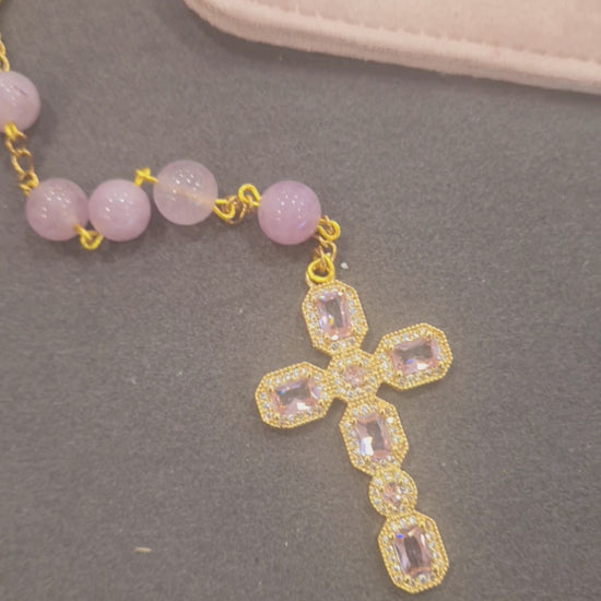 Natural Pink Quartz Stone Rosary with Crystal Cross