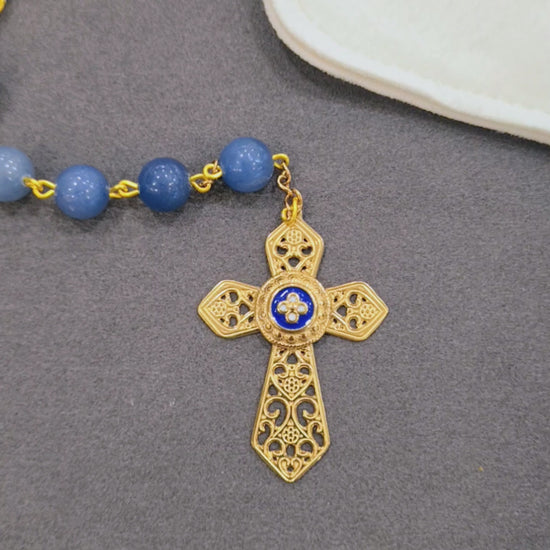 Natural Blue Agate Stone Rosary with Fatima Heart