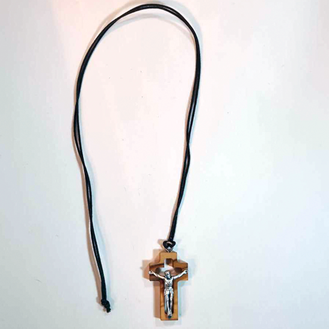 Wood Cross Necklace with metalic Jesus image