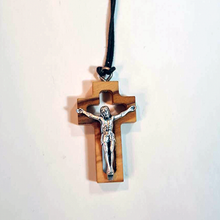 Load image into Gallery viewer, Wood Cross Necklace with metalic Jesus image

